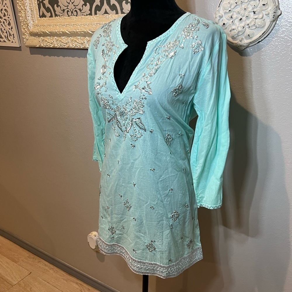 Embroidered beaded mint Aqua Tunic Top - Picture 7 of 10